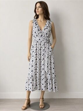 Boden Linen Wrap Midi Dress Polka Dot Floral Ruffle Cottagecore Coastal SZ 16